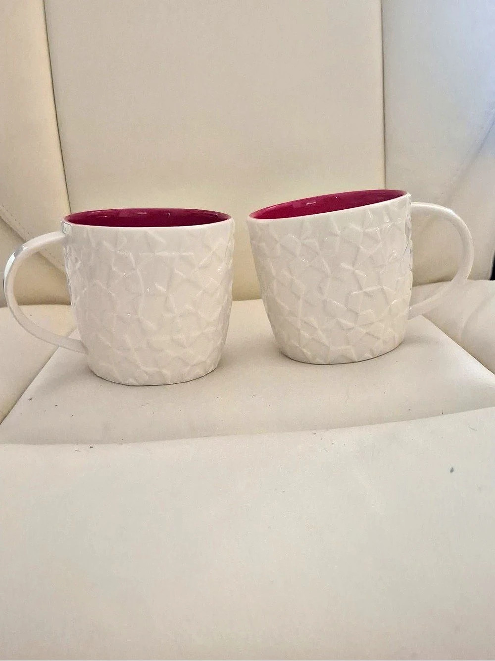 Starbucks 2011 White Geometric Mosaic Mugs pair with Magenta Interior